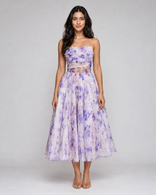 Junia | Ruched Floral Organza Midi Dress in Purple