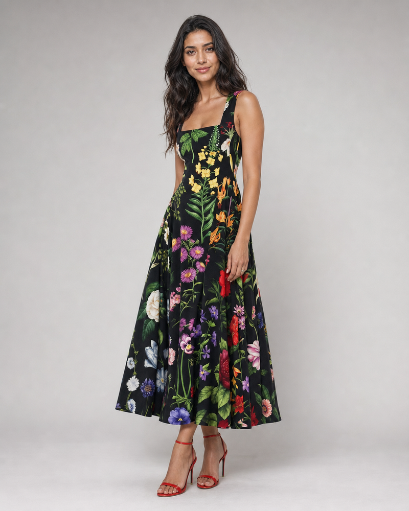 Arabella | Square-Neck Floral Midi Dress with Tie Back