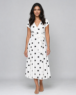 Georgiana | Polka Dot Wrap Midi Dress in White