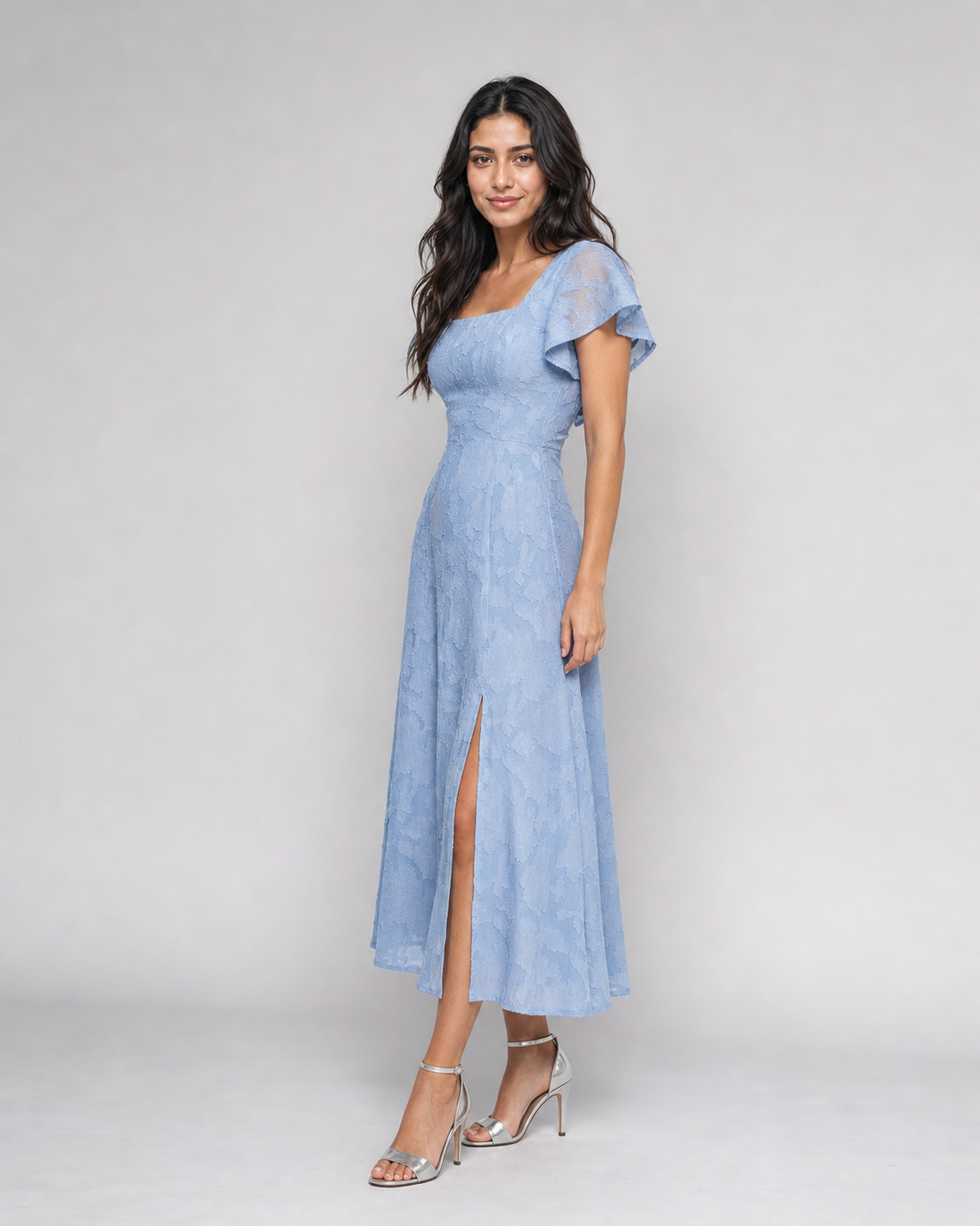 Pearl | Burnout Floral Flutter-Sleeve Midi Dress