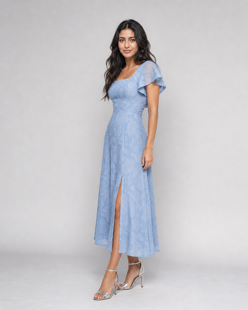 Pearl | Burnout Floral Flutter-Sleeve Midi Dress — Blue — threequarter