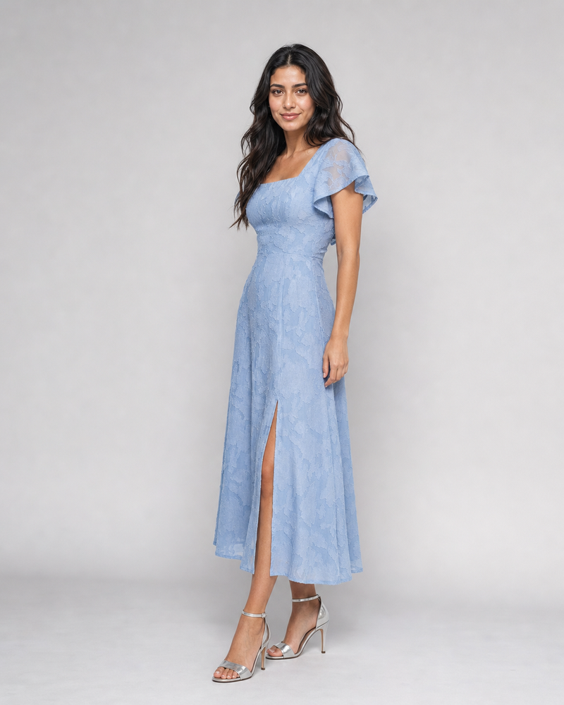Pearl | Burnout Floral Flutter-Sleeve Midi Dress