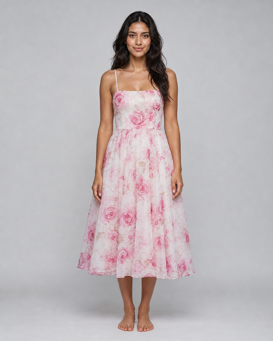 Junia | Ruched Floral Organza Midi Dress