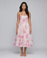 Junia | Ruched Floral Organza Midi Dress in Pink