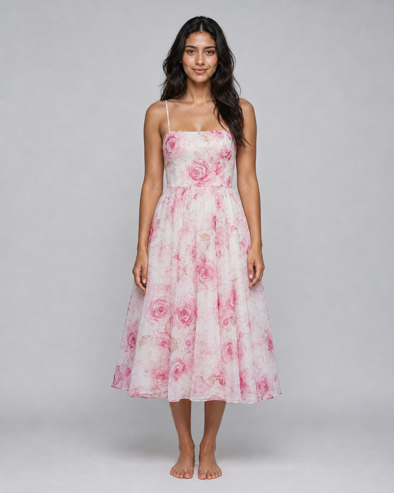 Junia | Ruched Floral Organza Midi Dress
