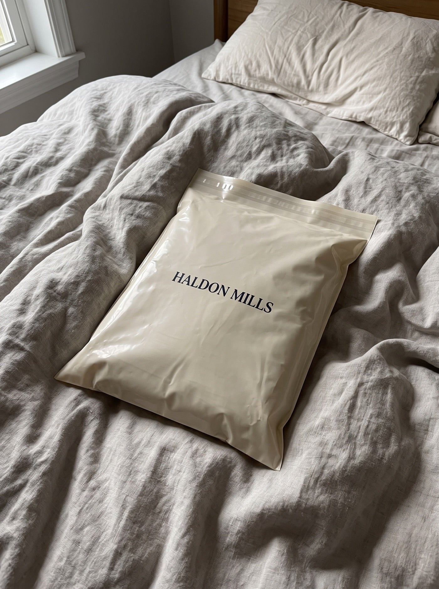 Haldon Mills parcel on a linen bed