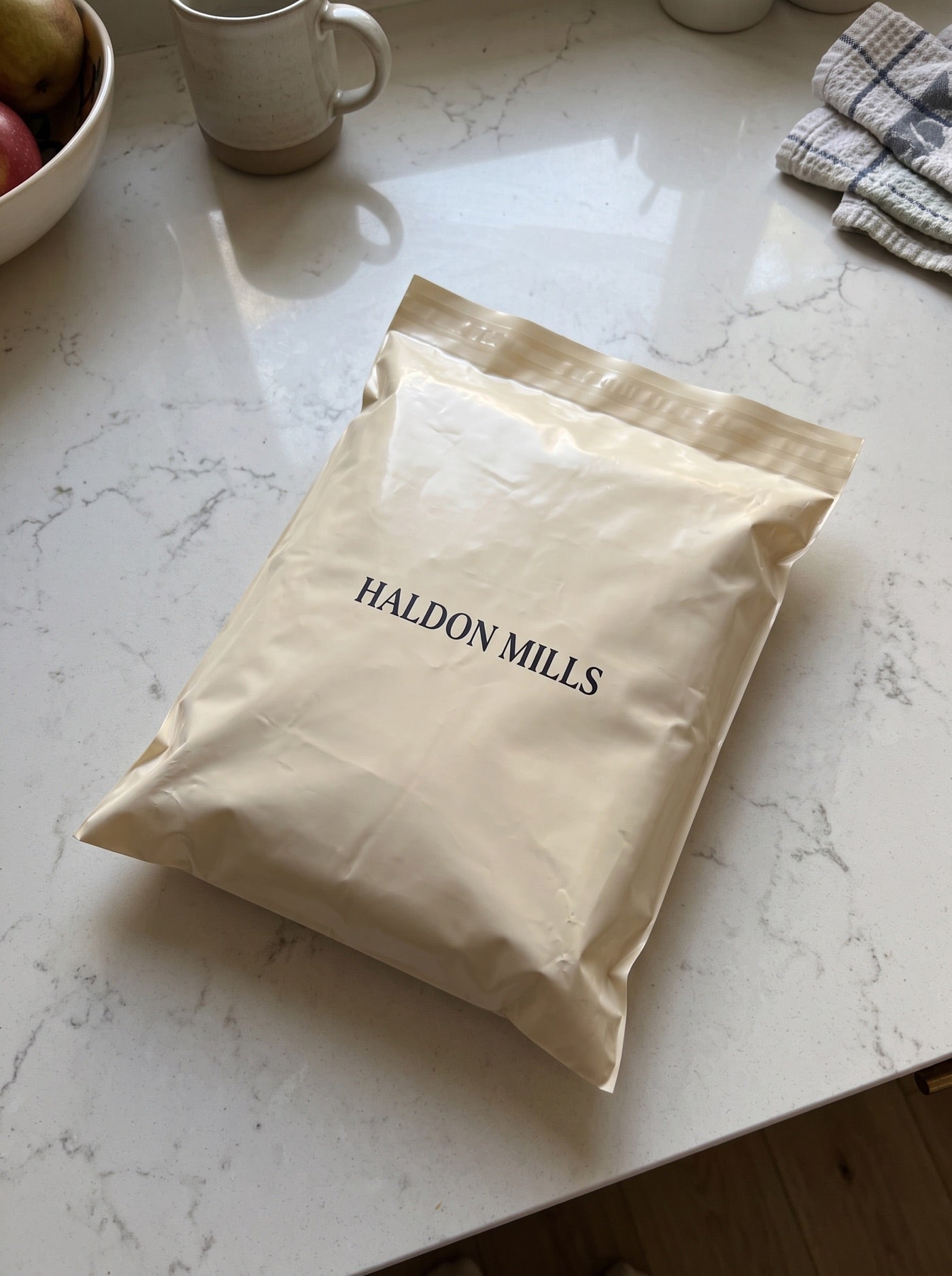 Haldon Mills parcel on a marble kitchen counter